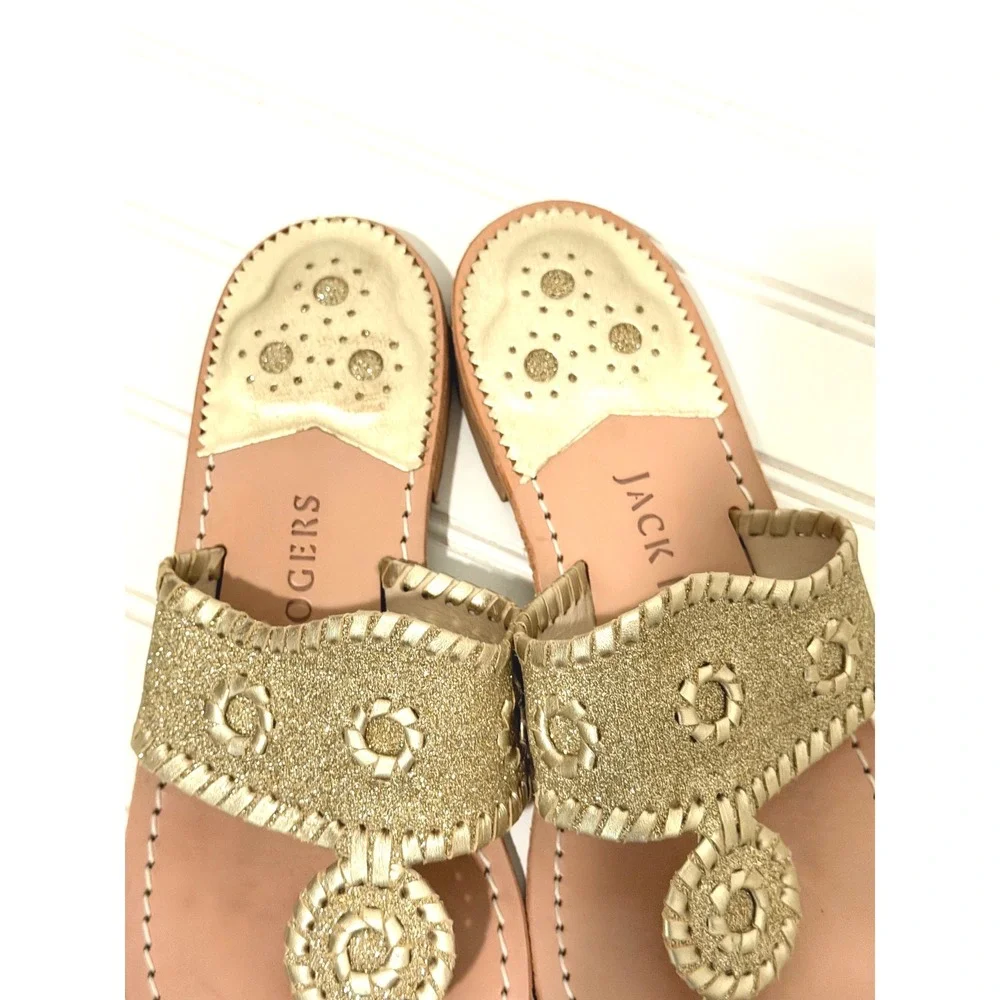 Jack Rogers Jacks Flat Sandal Gold Glitter Leather Thong Sandals Womens 9M